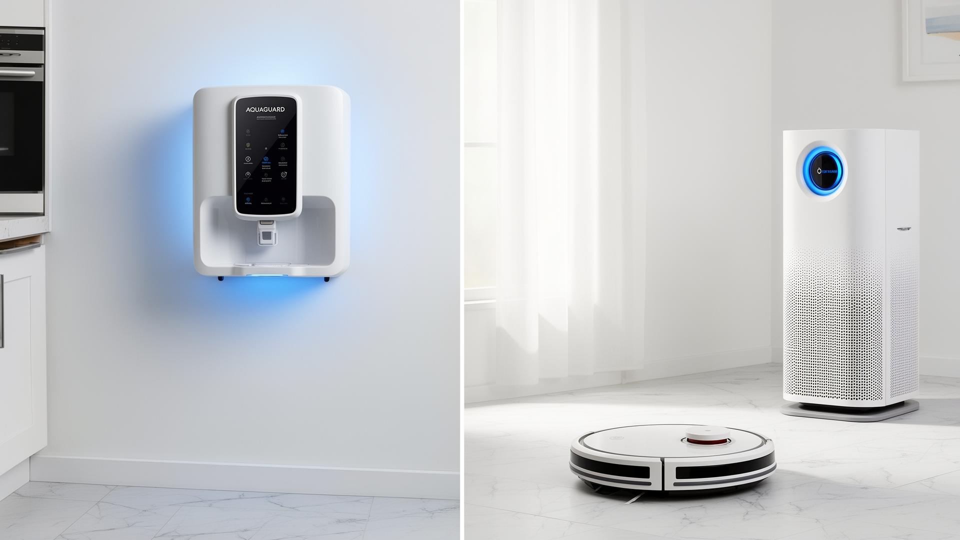 Aquaguard water purifier, air purifier and robot vacuum in a modern home